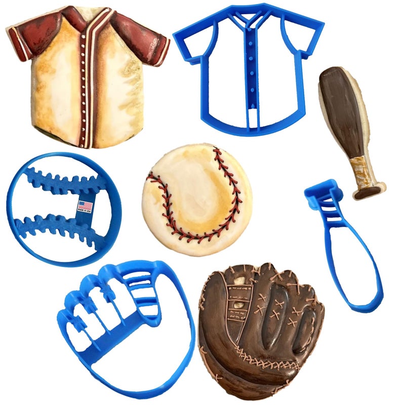 Heart's Treasure BAT COOKIE CUTTER WITH GLOVE BALL AND JERSEY American Sport Baseball Glove Mitt Game Bat And Jersey Uniform T-Shirt Cookie Cutters Made In The USA For Graduation Birthday (4 Pack) - Image 1